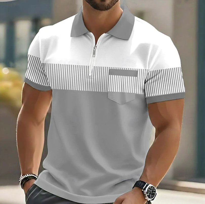 Men's grey zip-neck polo shirt with striped chest panel and pocket detail