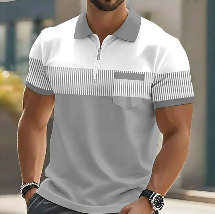 Men's grey zip-neck polo shirt with striped chest panel and pocket detail