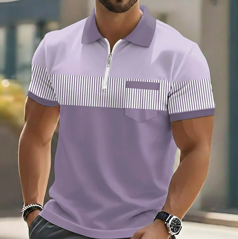 Lilac quarter-zip polo shirt featuring striped colour-block design and chest pocket