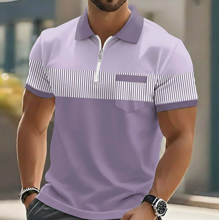 Lilac quarter-zip polo shirt featuring striped colour-block design and chest pocket