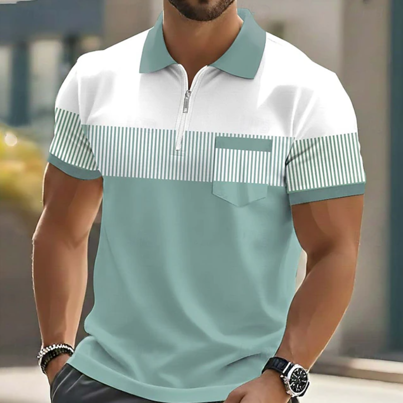 Sage green striped polo shirt with zip collar and contrast chest pocket