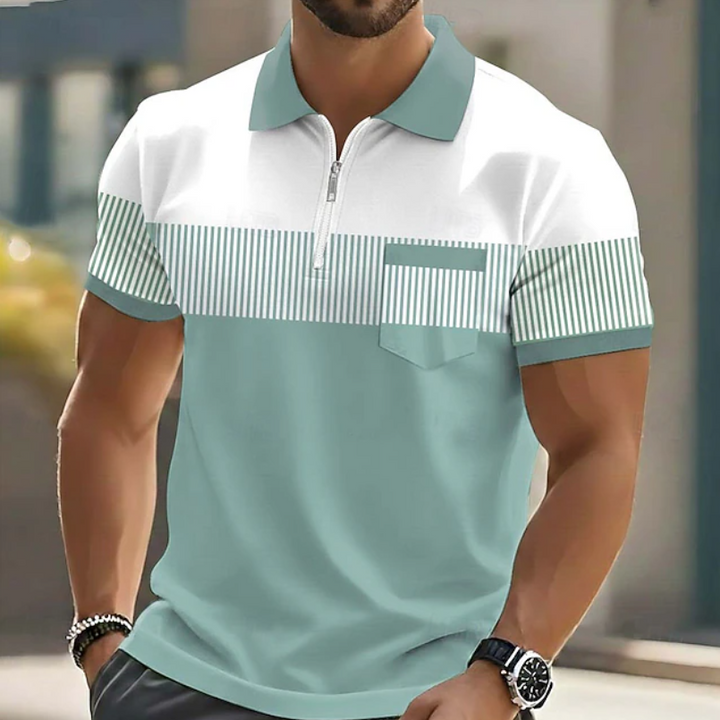 Sage green striped polo shirt with zip collar and contrast chest pocket