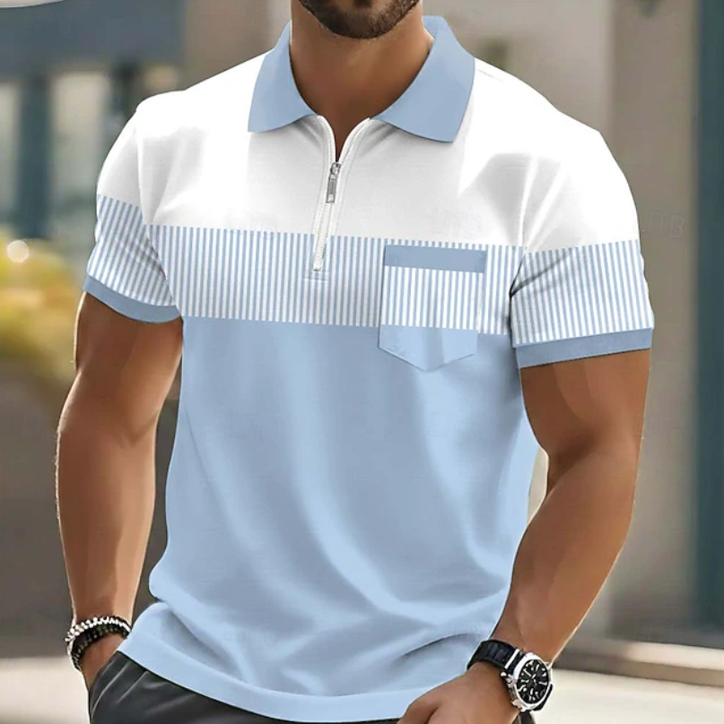 Pale blue zip-up polo shirt with striped panel and short sleeves
