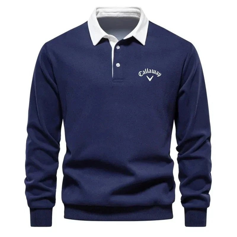 Navy long-sleeve golf polo jumper with contrast white collar and Callaway logo
