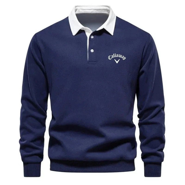 Navy long-sleeve golf polo jumper with contrast white collar and Callaway logo