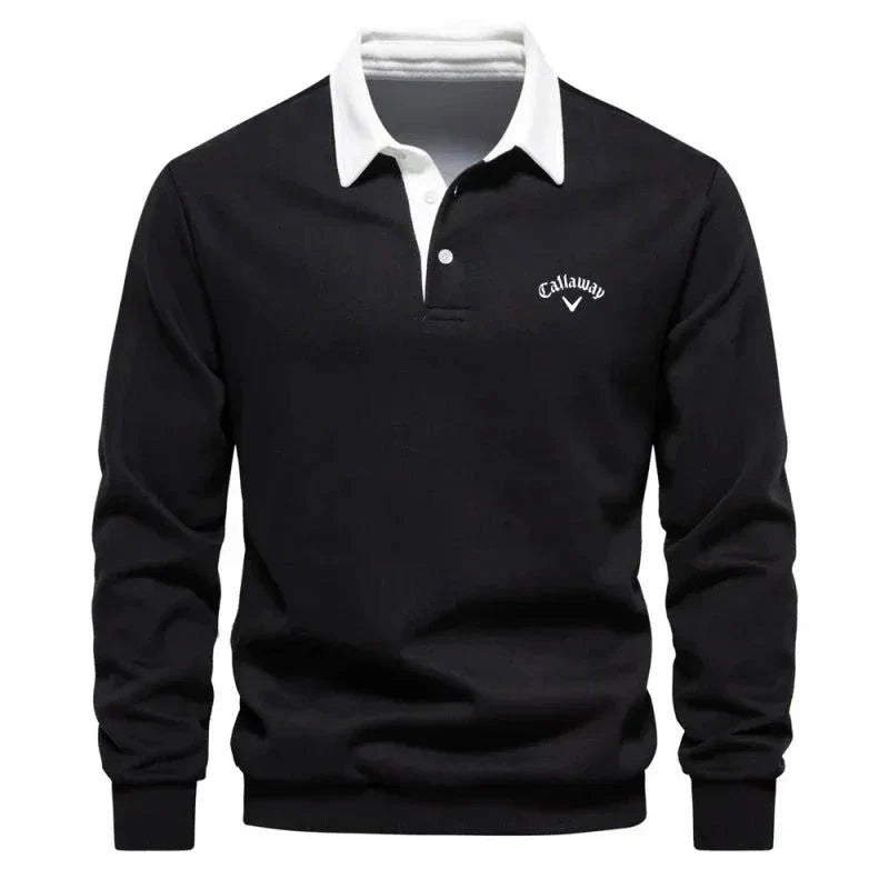 Black long-sleeve golf polo jumper featuring a white contrast collar and buttons