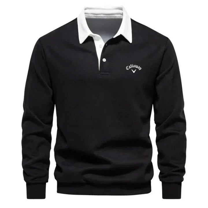 Black long-sleeve golf polo jumper featuring a white contrast collar and buttons
