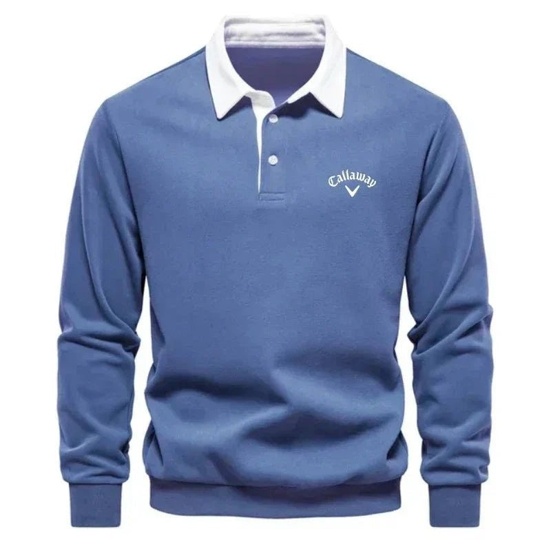 Slate blue long-sleeve golf polo jumper with white contrast collar detailing