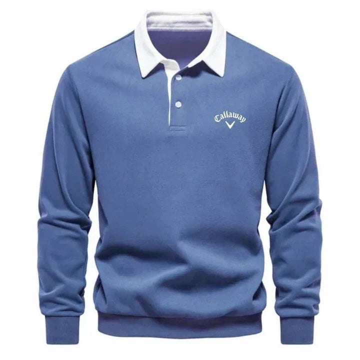 Slate blue long-sleeve golf polo jumper with white contrast collar detailing