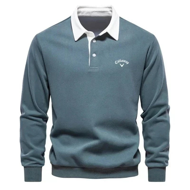 Teal long-sleeve golf polo jumper with crisp white collar and embroidered logo