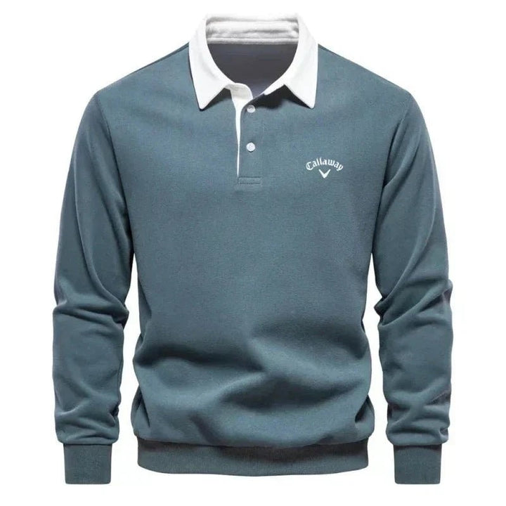 Teal long-sleeve golf polo jumper with crisp white collar and embroidered logo