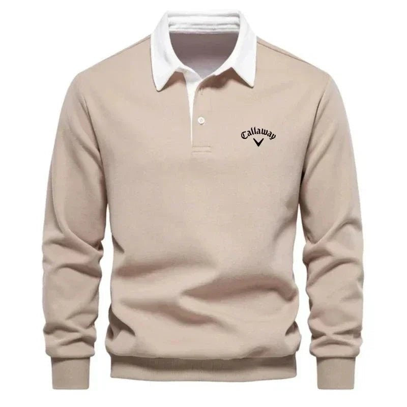 Beige long-sleeve golf polo jumper with contrast white collar and placket