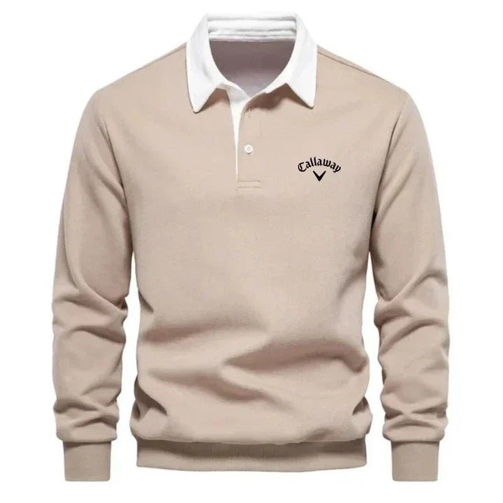 Beige long-sleeve golf polo jumper with contrast white collar and placket