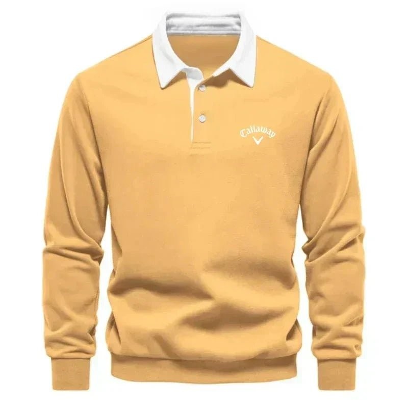 Mustard yellow long-sleeve golf polo jumper with white contrast collar trim
