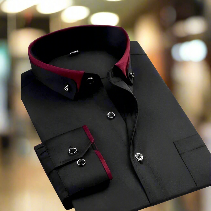 Men's black long-sleeve shirt with contrasting burgundy collar and cuff trim