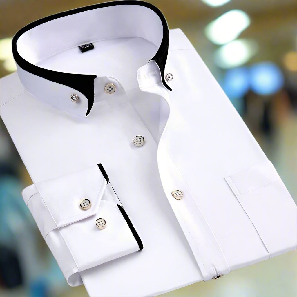 White long-sleeve men's shirt featuring smart black contrast collar detailing