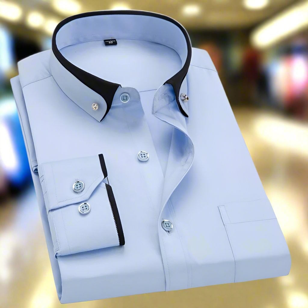 Pale blue men's shirt with contrasting black collar and cuff lining