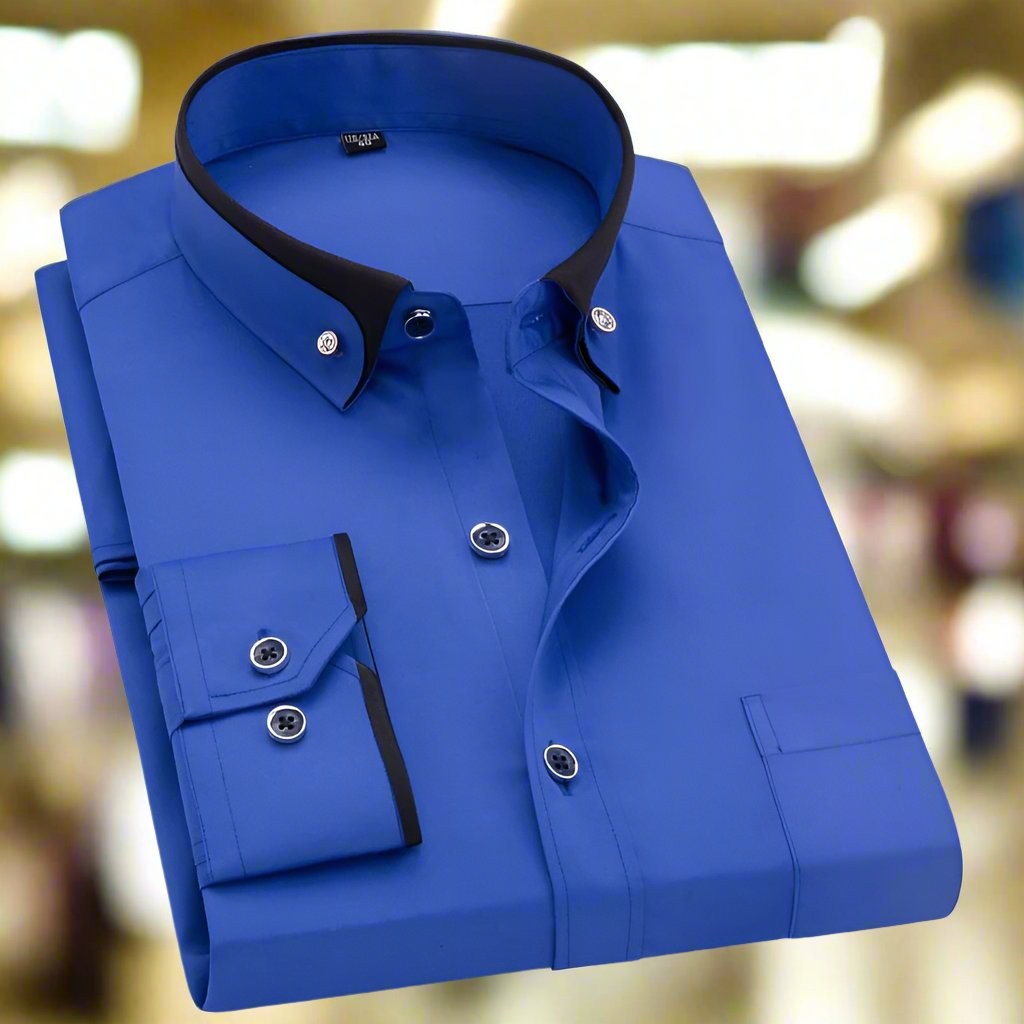 Royal blue long-sleeve shirt with black contrast collar and chest pocket