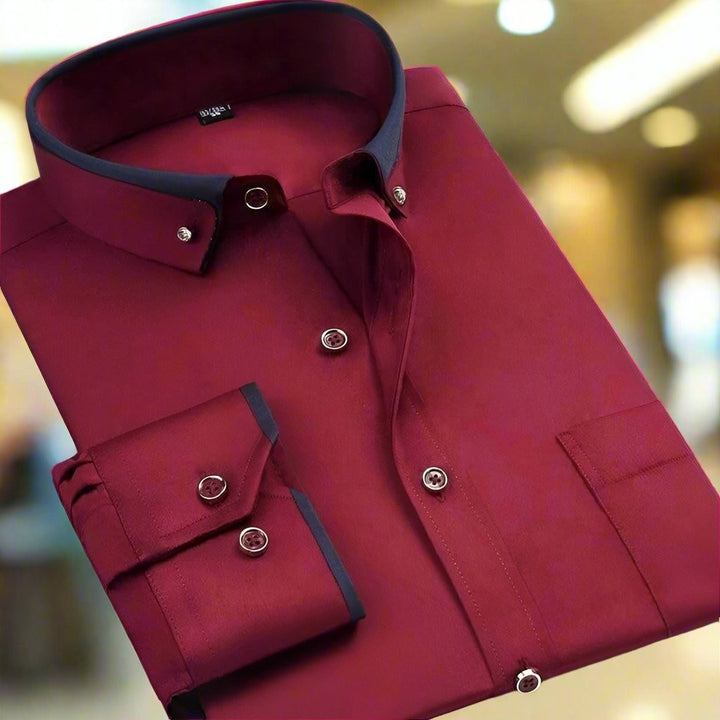 Burgundy men's shirt featuring navy contrast trim on collar and cuffs