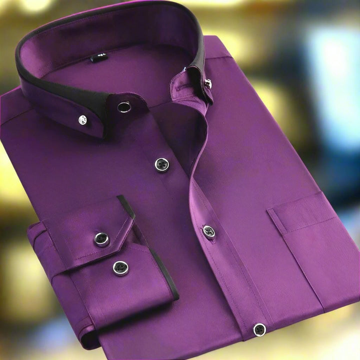 Deep purple satin-finish shirt with black contrast collar and buttoned cuffs