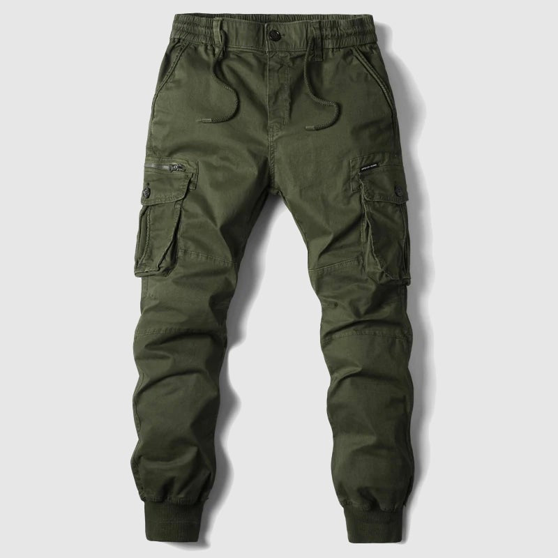 Olive green cuffed cargo joggers with drawstring waist and buttoned side pockets