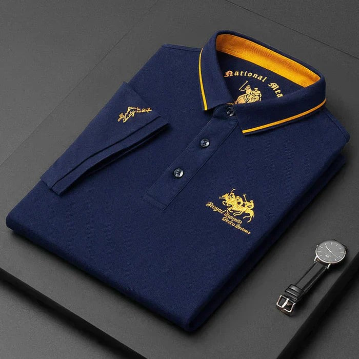 Navy men's polo shirt folded with mustard-striped collar and embroidered horse logo