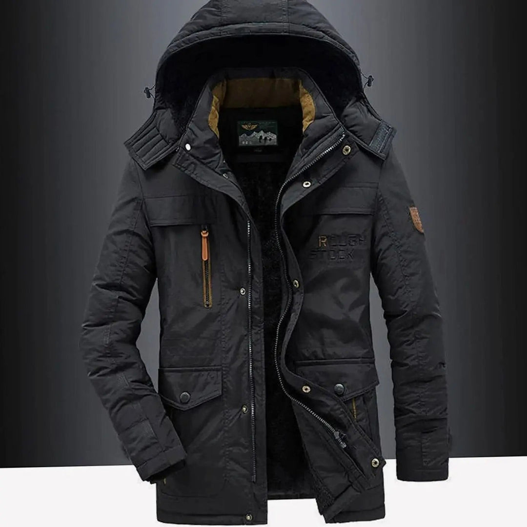 Black hooded parka with fleece lining and multiple zip pockets