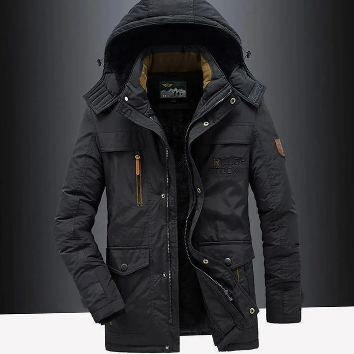 Black hooded parka with fleece lining and multiple zip pockets