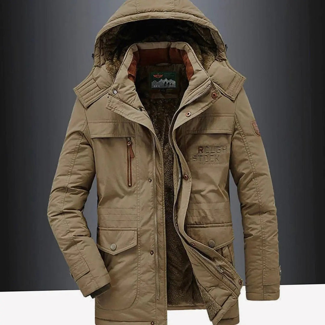 Khaki fleece-lined parka with detachable hood and cargo pockets