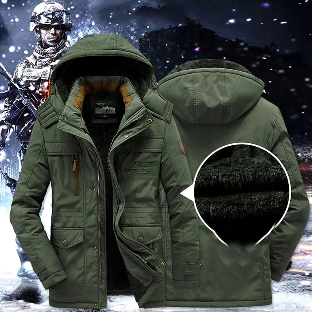 Green fleece-lined parka worn open showing thick sherpa interior