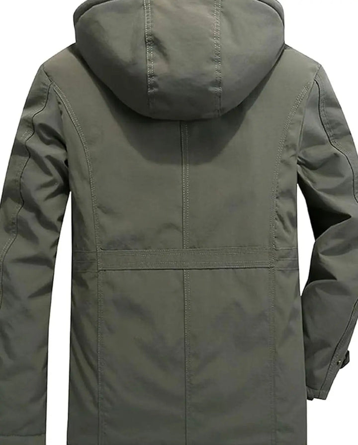 Rear view of grey hooded parka highlighting seam detailing