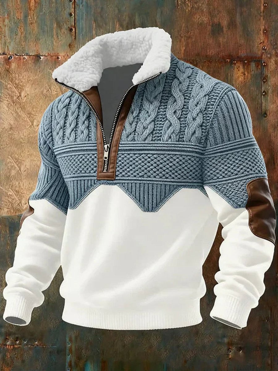 Men's cable-knit half-zip jumper with fleece collar and colour-block panels