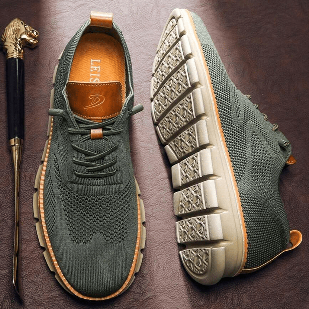 Khaki green knitted trainers with tan leather trim and textured ridged sole