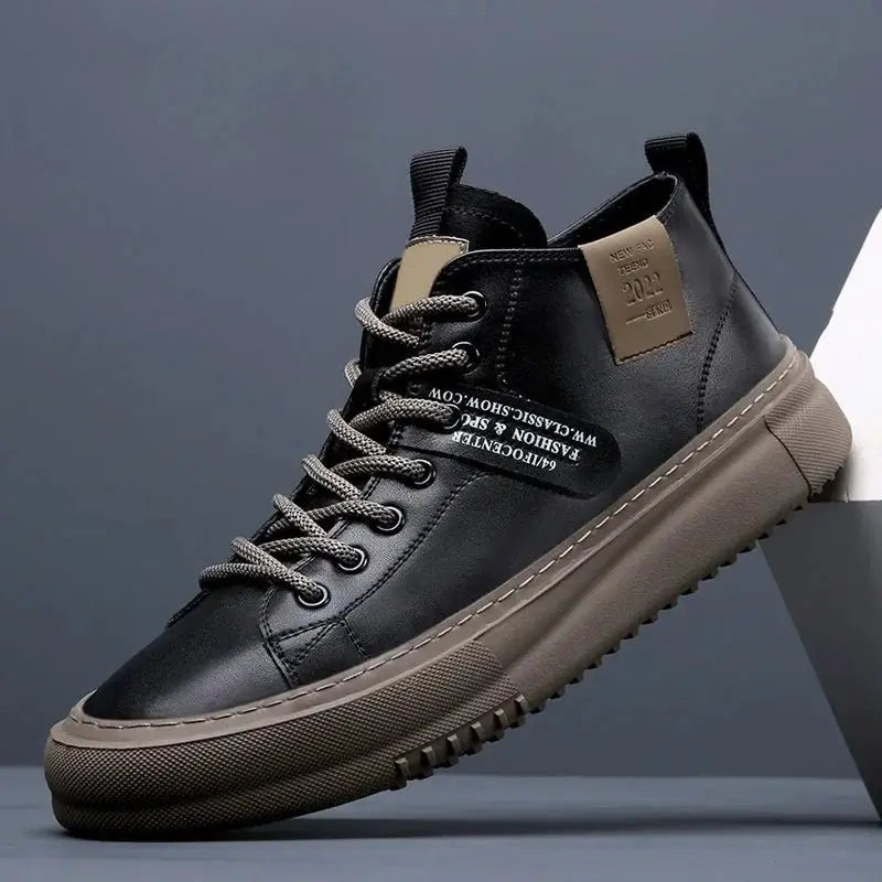 Black high-top canvas trainers featuring contrasting brown sole and laces