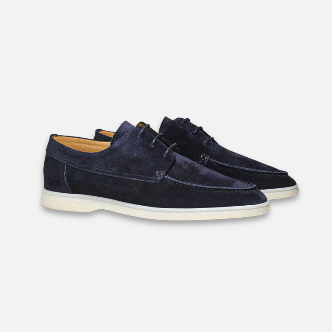 Navy suede hybrid boat derby loafers with contrasting white sole and lace-up front