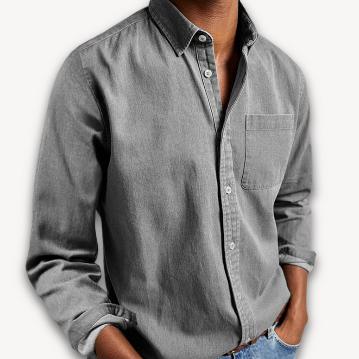 Grey long-sleeve button-down shirt with soft washed finish and single chest pocket