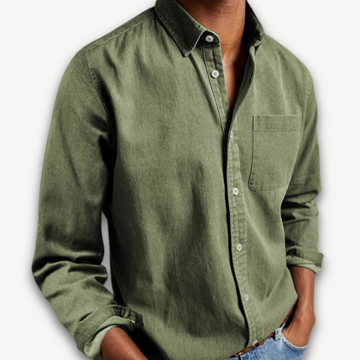 Olive green long-sleeve button-down shirt with classic collar and front pocket