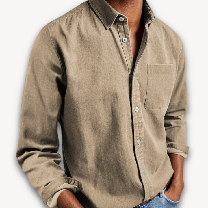 Khaki long-sleeve button-down shirt with muted tone and buttoned chest pocket