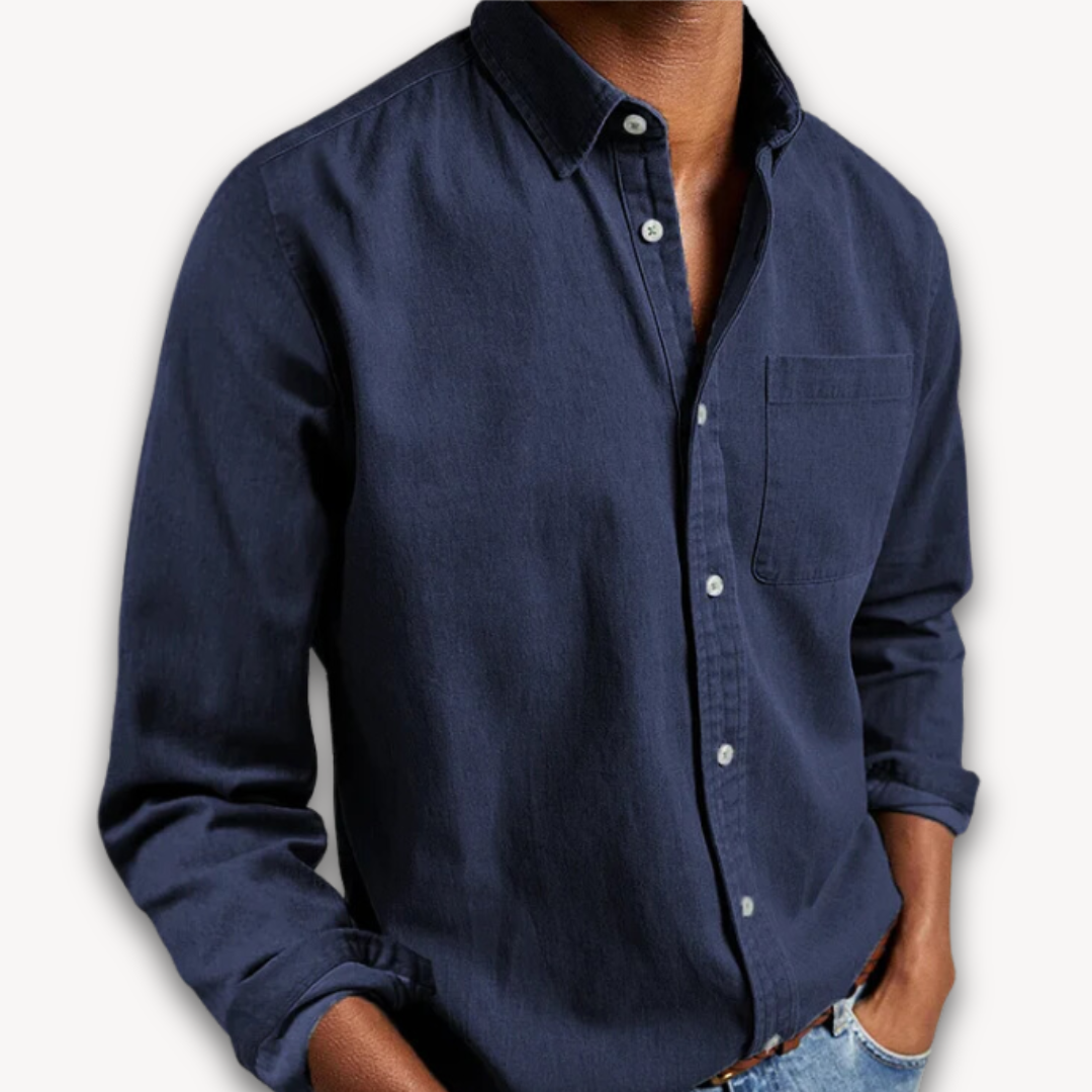 Navy long-sleeve button-down shirt with tailored collar and single front pocket