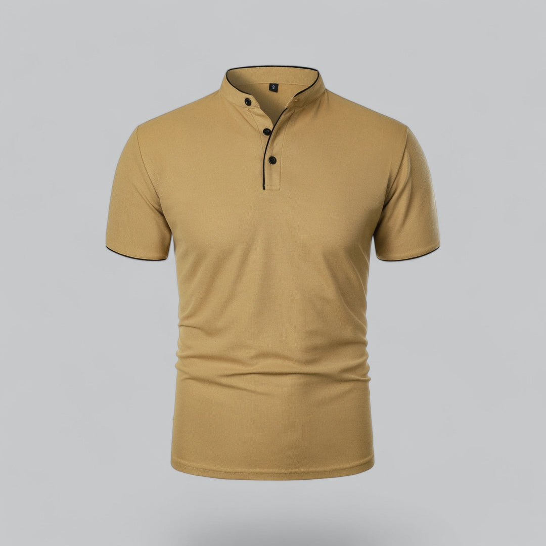mustard yellow men's polo shirt with mandarin collar and button placket, front view