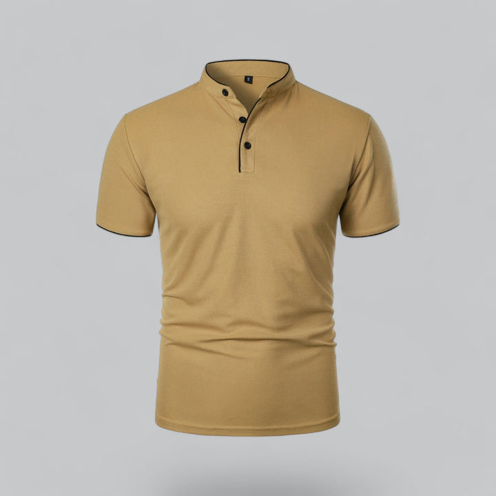 mustard yellow men's polo shirt with mandarin collar and button placket, front view