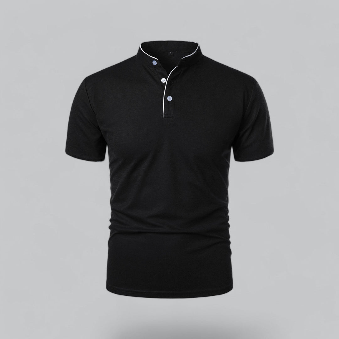 charcoal grey collarless polo shirt with black button placket, angled front view
