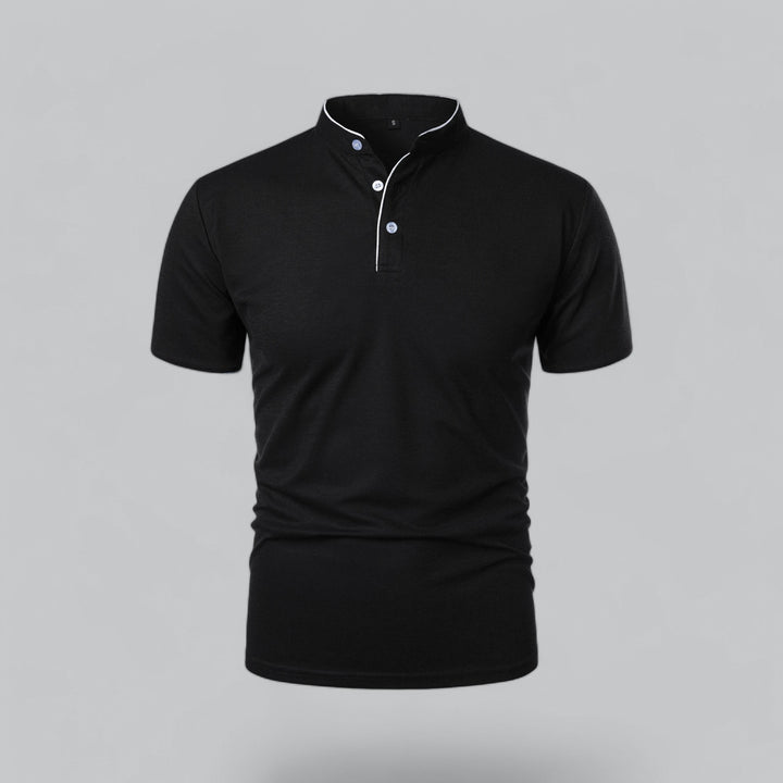 charcoal grey collarless polo shirt with black button placket, angled front view