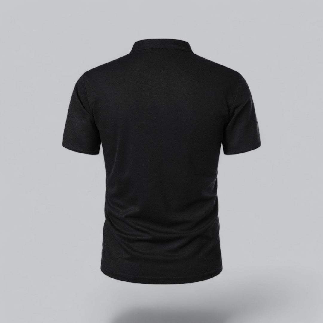 black men's polo shirt with white-trimmed mandarin collar, front view