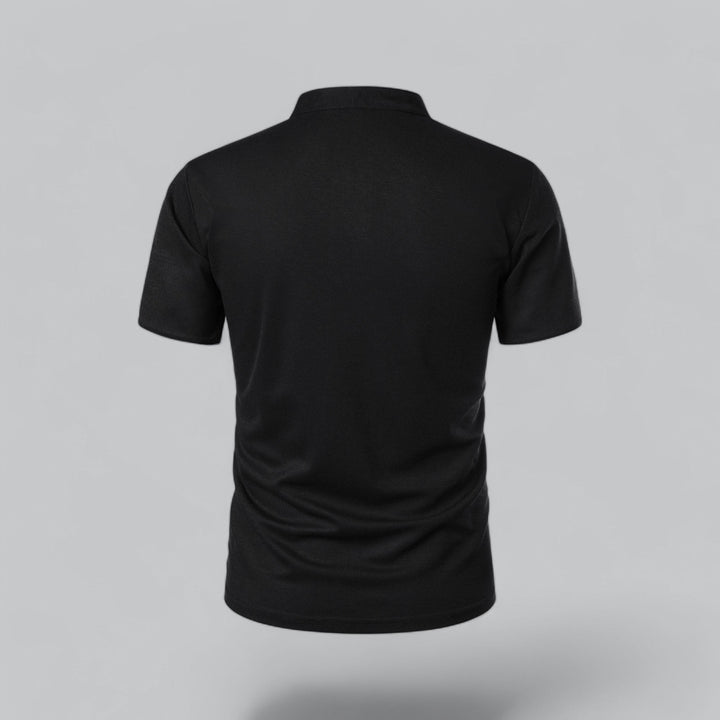 black men's polo shirt with white-trimmed mandarin collar, front view