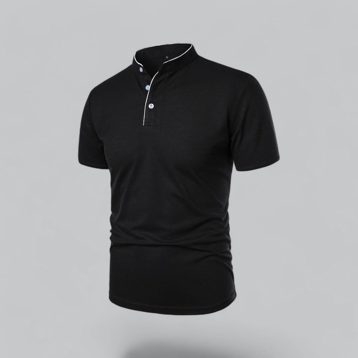 black polo shirt showing plain back and short sleeves