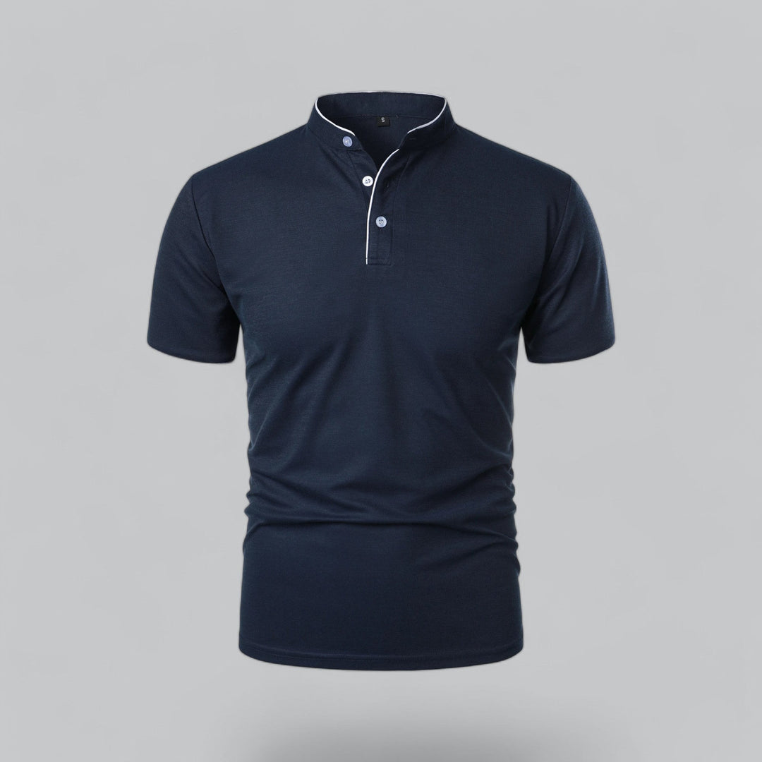 navy blue men's polo shirt with white-trimmed collar and button placket, front view