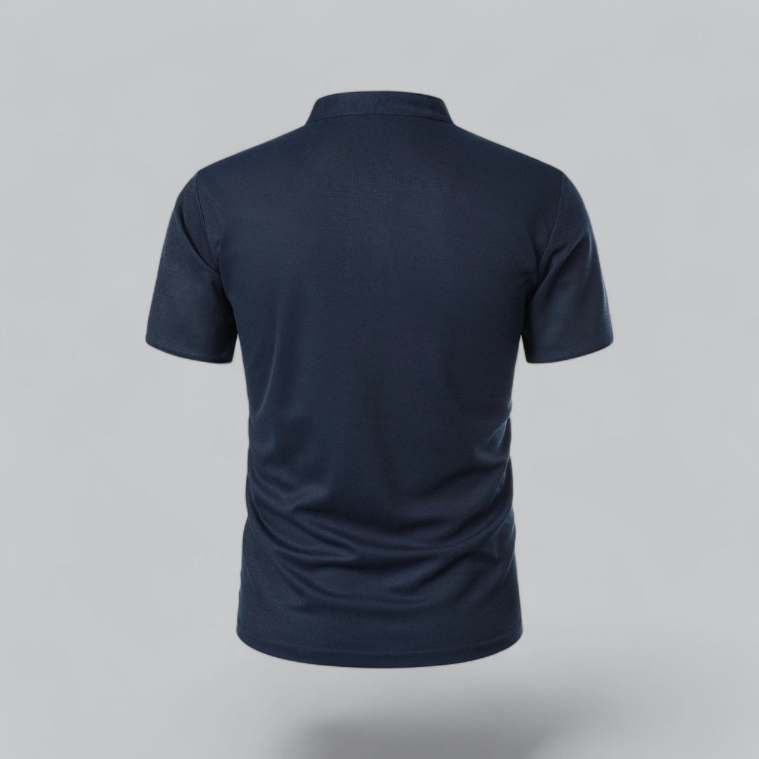 navy blue polo shirt showing plain back and short sleeves