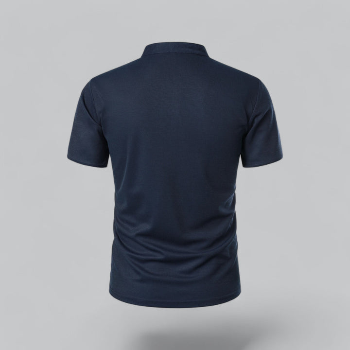 navy blue polo shirt showing plain back and short sleeves