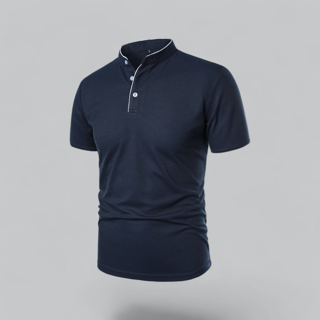 navy blue collarless polo shirt with white piping, angled front view